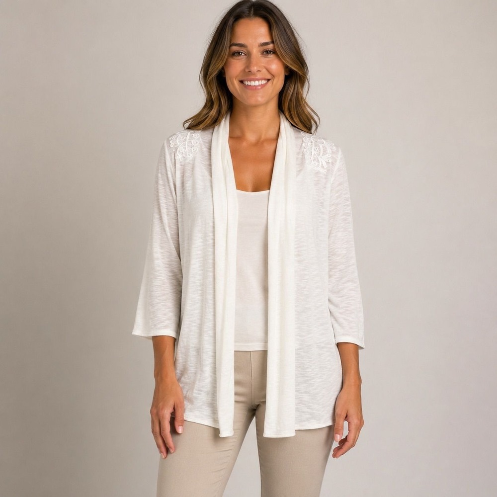 Vintage‎ Suzie Womens White Lace Back Open Front Cardigan L 3/4 Sleeve USA Made